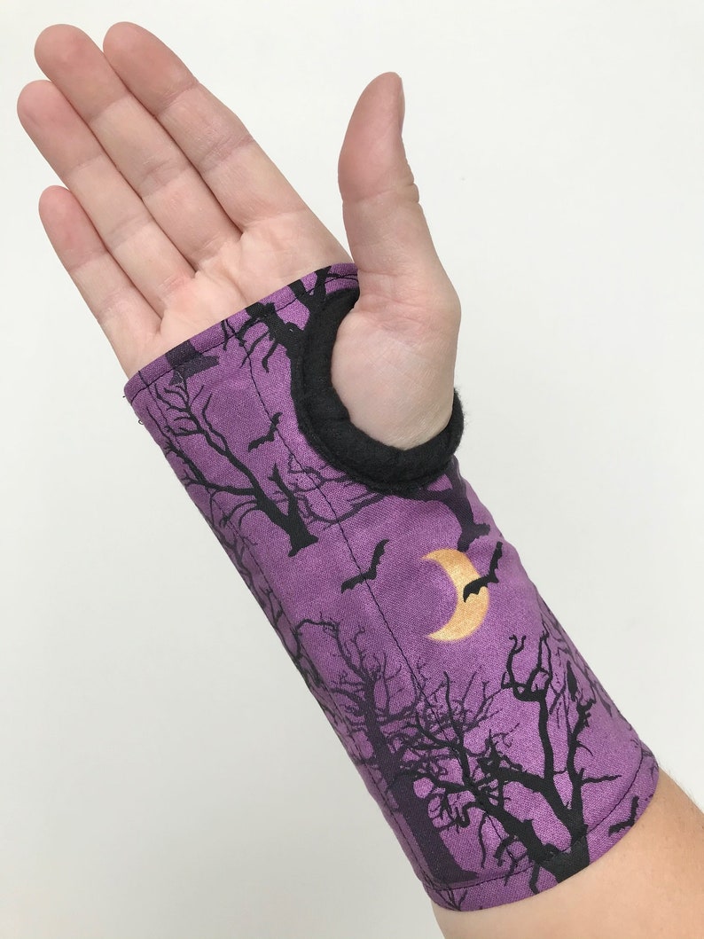 Size S M L wrist brace, soft cotton with fleece lining, fun colorful pattern, for carpal tunnel, tendonitis, right/left hand spooky trees image 6