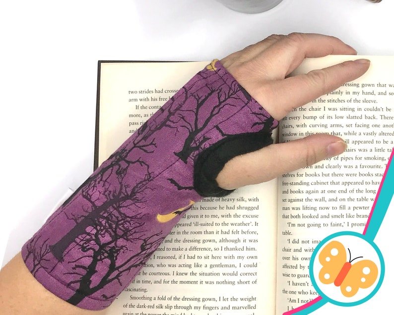 Size S M L wrist brace, soft cotton with fleece lining, fun colorful pattern, for carpal tunnel, tendonitis, right/left hand spooky trees image 1