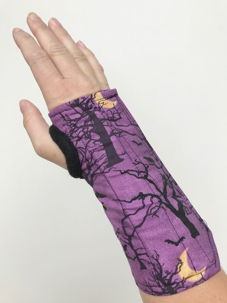 Size S M L wrist brace, soft cotton with fleece lining, fun colorful pattern, for carpal tunnel, tendonitis, right/left hand spooky trees image 5