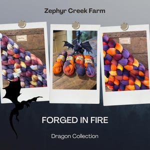 May include: Three photographs display Zephyr Creek Farm wool roving in purple, orange, and yellow hues. The center image features four yarn skeins and a black dragon figurine. Text includes Zephyr Creek Farm, FORGED IN FIRE, and Dragon Collection.
