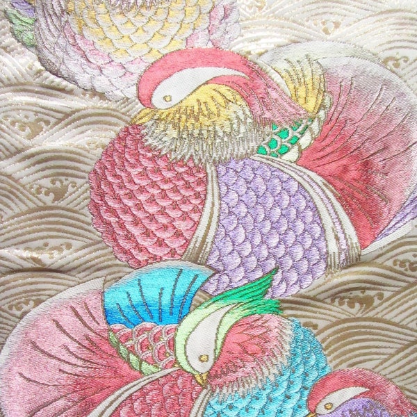 Vintage Japanese Kimono Obi Silk Piece Bold Colourful Rainbow Mandarin Ducks Golden Wild Waves.