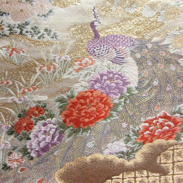 Japanese Kimono Wedding Obi Silk Piece Birds Peacock amongst Peony Flowers and Golden Clouds