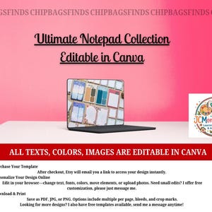 Op de afbeelding: Een laptop toont een verzameling notitieblokken met diverse ontwerpen. De tekst "Ultimate Notepad Collection Editable in Canva" staat boven de laptop. De afbeelding heeft een roze achtergrond met de tekst "ALL TEXTS, COLORS, IMAGES ARE EDITABLE IN CANVA".