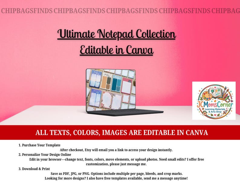 Op de afbeelding: Een laptop toont een verzameling notitieblokken met diverse ontwerpen. De tekst "Ultimate Notepad Collection Editable in Canva" staat boven de laptop. De afbeelding heeft een roze achtergrond met de tekst "ALL TEXTS, COLORS, IMAGES ARE EDITABLE IN CANVA".