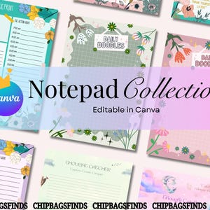 Op de afbeelding: Een verzameling notitieblokken met bloemen- en botanische ontwerpen. De notitieblokken hebben verschillende lay-outs, waaronder dagplanners en krabbelpagina's. De tekst "Notepad Collection" en "Editable in Canva" is zichtbaar. Het kleurenpalet omvat tinten blauw, roze en groen.
