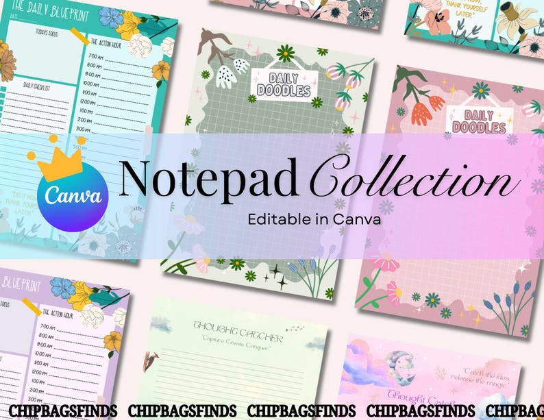 Op de afbeelding: Een verzameling notitieblokken met bloemen- en botanische ontwerpen. De notitieblokken hebben verschillende lay-outs, waaronder dagplanners en krabbelpagina's. De tekst "Notepad Collection" en "Editable in Canva" is zichtbaar. Het kleurenpalet omvat tinten blauw, roze en groen.