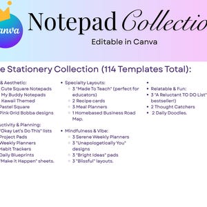 Op de afbeelding: Een Canva notitieblokcollectie-afbeelding met een verloopachtergrond. De tekst luidt "Notitieblokcollectie" en "Bewerkbaar in Canva". De Stationery Collection bevat 114 sjablonen, waaronder schattige, planning- en speciale lay-outs.