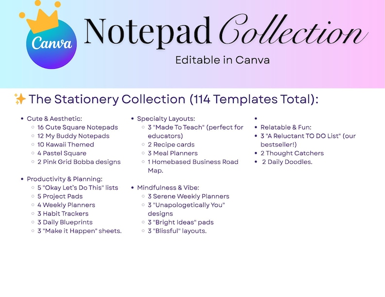 Op de afbeelding: Een Canva notitieblokcollectie-afbeelding met een verloopachtergrond. De tekst luidt "Notitieblokcollectie" en "Bewerkbaar in Canva". De Stationery Collection bevat 114 sjablonen, waaronder schattige, planning- en speciale lay-outs.
