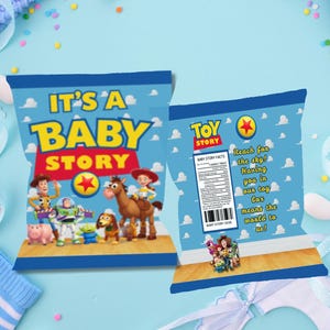 May include: Two rectangular snack bags featuring Toy Story characters. The front displays the text IT'S A BABY STORY with Woody, Buzz Lightyear, and friends. The back shows a nutrition label, the text Reach for the sky, and a barcode.
