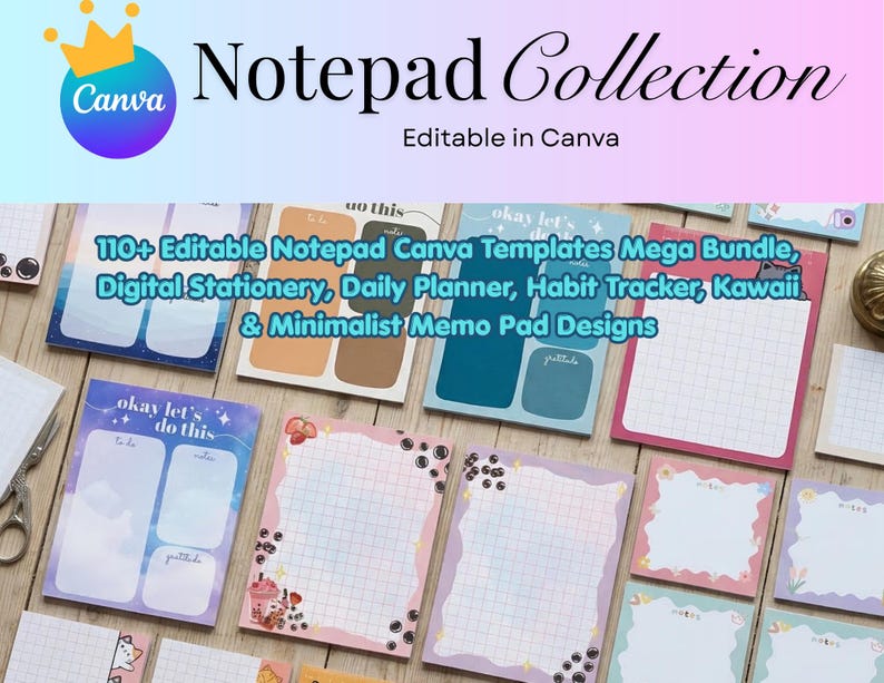 Op de afbeelding: Een verzameling kleurrijke notitieblokontwerpen, waaronder dagplanners en habit trackers. De afbeelding toont verschillende notitiebloktemplates met de tekst "Notepad Collection" en "Editable in Canva". De afbeelding bevat ook de tekst "110+ Editable Notepad Canva Templates Mega Bundle".