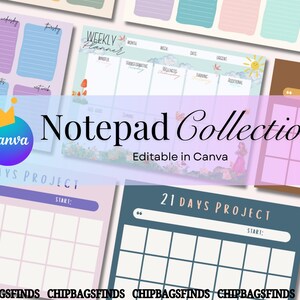 Op de afbeelding: Een verzameling kleurrijke notitieblokken met verschillende ontwerpen, waaronder weekplanners en 21-daagse projecttemplates. De notitieblokken hebben pastelkleuren en de tekst "Notepad Collection" en "Editable in Canva".