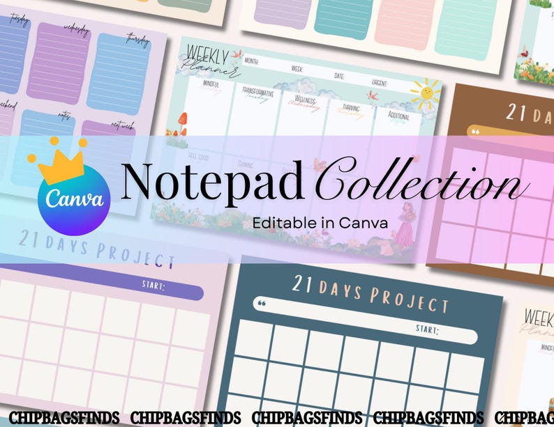 Op de afbeelding: Een verzameling kleurrijke notitieblokken met verschillende ontwerpen, waaronder weekplanners en 21-daagse projecttemplates. De notitieblokken hebben pastelkleuren en de tekst "Notepad Collection" en "Editable in Canva".