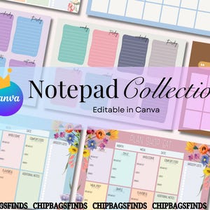 Op de afbeelding: Een verzameling kleurrijke notitieblokken met diverse ontwerpen, waaronder dagplanners en weekroosters. De notitieblokken hebben pastelkleuren, bloemaccenten en de tekst "Notepad Collection" en "Editable in Canva".