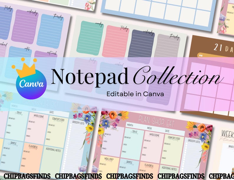 Op de afbeelding: Een verzameling kleurrijke notitieblokken met diverse ontwerpen, waaronder dagplanners en weekroosters. De notitieblokken hebben pastelkleuren, bloemaccenten en de tekst "Notepad Collection" en "Editable in Canva".