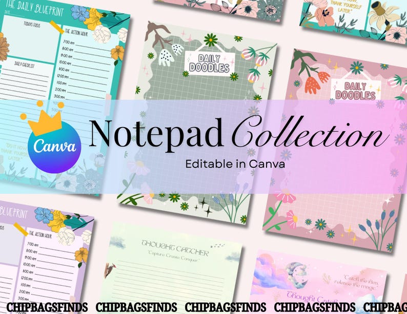 Op de afbeelding: Een verzameling notitieblokken met bloemen- en botanische ontwerpen. De notitieblokken hebben verschillende lay-outs, waaronder dagplanners en krabbelpagina's. De tekst "Notepad Collection" en "Editable in Canva" is zichtbaar. Het kleurenpalet omvat tinten blauw, roze en groen.