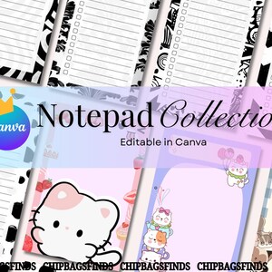 Op de afbeelding: Een verzameling notitieblokken met diverse ontwerpen, waaronder zwart-wit patronen en schattige cartoon illustraties. De tekst "Notepad Collection" en "Editable in Canva" zijn zichtbaar. De notitieblokken hebben gelinieerde pagina's en selectievakjes.