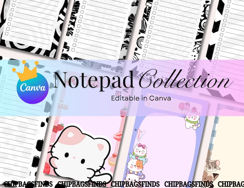 Op de afbeelding: Een verzameling notitieblokken met diverse ontwerpen, waaronder zwart-wit patronen en schattige cartoon illustraties. De tekst "Notepad Collection" en "Editable in Canva" zijn zichtbaar. De notitieblokken hebben gelinieerde pagina's en selectievakjes.