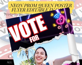 Modello di poster per la campagna della reginetta del ballo, effetto neon