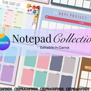 Op de afbeelding: Een verzameling kleurrijke notitieblokken met diverse ontwerpen, waaronder een maaltijdplanner, een 21-daagse projecttracker en dagelijkse takenlijsten. De notitieblokken zijn bewerkbaar in Canva en hebben bloemen- en pastelkleurige accenten.