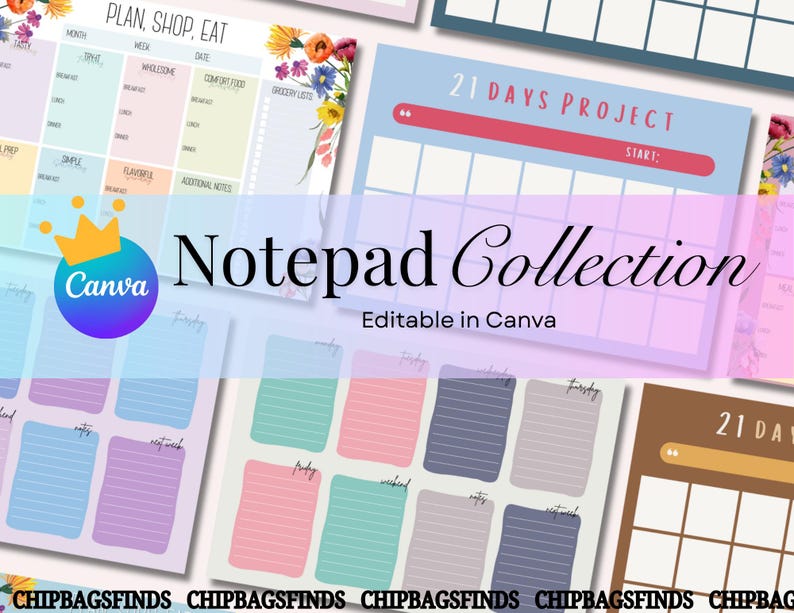 Op de afbeelding: Een verzameling kleurrijke notitieblokken met diverse ontwerpen, waaronder een maaltijdplanner, een 21-daagse projecttracker en dagelijkse takenlijsten. De notitieblokken zijn bewerkbaar in Canva en hebben bloemen- en pastelkleurige accenten.
