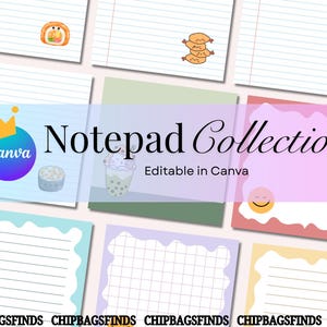 Op de afbeelding: Een verzameling notitieblokken met diverse ontwerpen, waaronder sushi, dumplings en een gebakken ei. De notitieblokken hebben gelinieerde en geruite pagina's, met een Canva-logo en de tekst "Notepad Collection Editable in Canva".