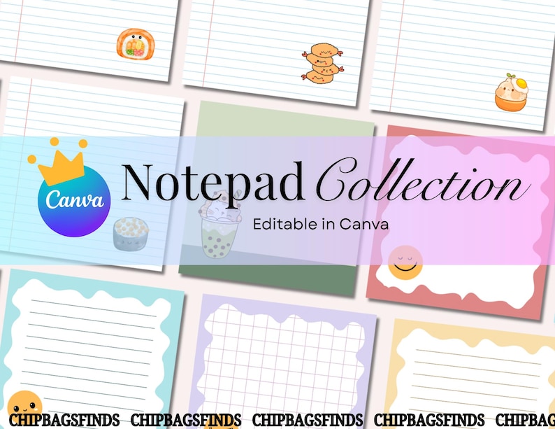 Op de afbeelding: Een verzameling notitieblokken met diverse ontwerpen, waaronder sushi, dumplings en een gebakken ei. De notitieblokken hebben gelinieerde en geruite pagina's, met een Canva-logo en de tekst "Notepad Collection Editable in Canva".