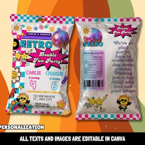 Pode incluir: Dois sacos de batatas fritas em folha de alumínio prateada com gráficos coloridos, incluindo uma bola de discoteca, flores sorridentes, estrelas e arco-íris. O texto diz Retro Double Fun Party, Carlie is turning 4, Charlie is turning 6 e detalhes.