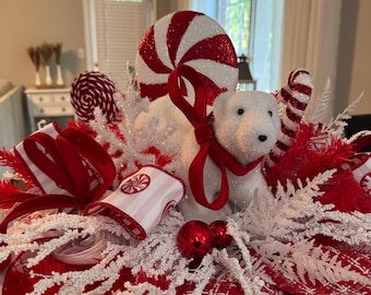 Polar Bear Christmas Winter Centerpiece Decor Red and White Peppermint Christmas  Whimsical Centerpiece