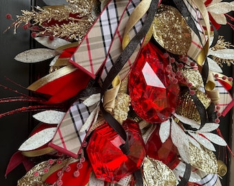 Christmas Wreath, Whimsical Holiday, winter wreath,  Designer, Red, Gold, Black Decor, Glam wreath, glitz wreath gems