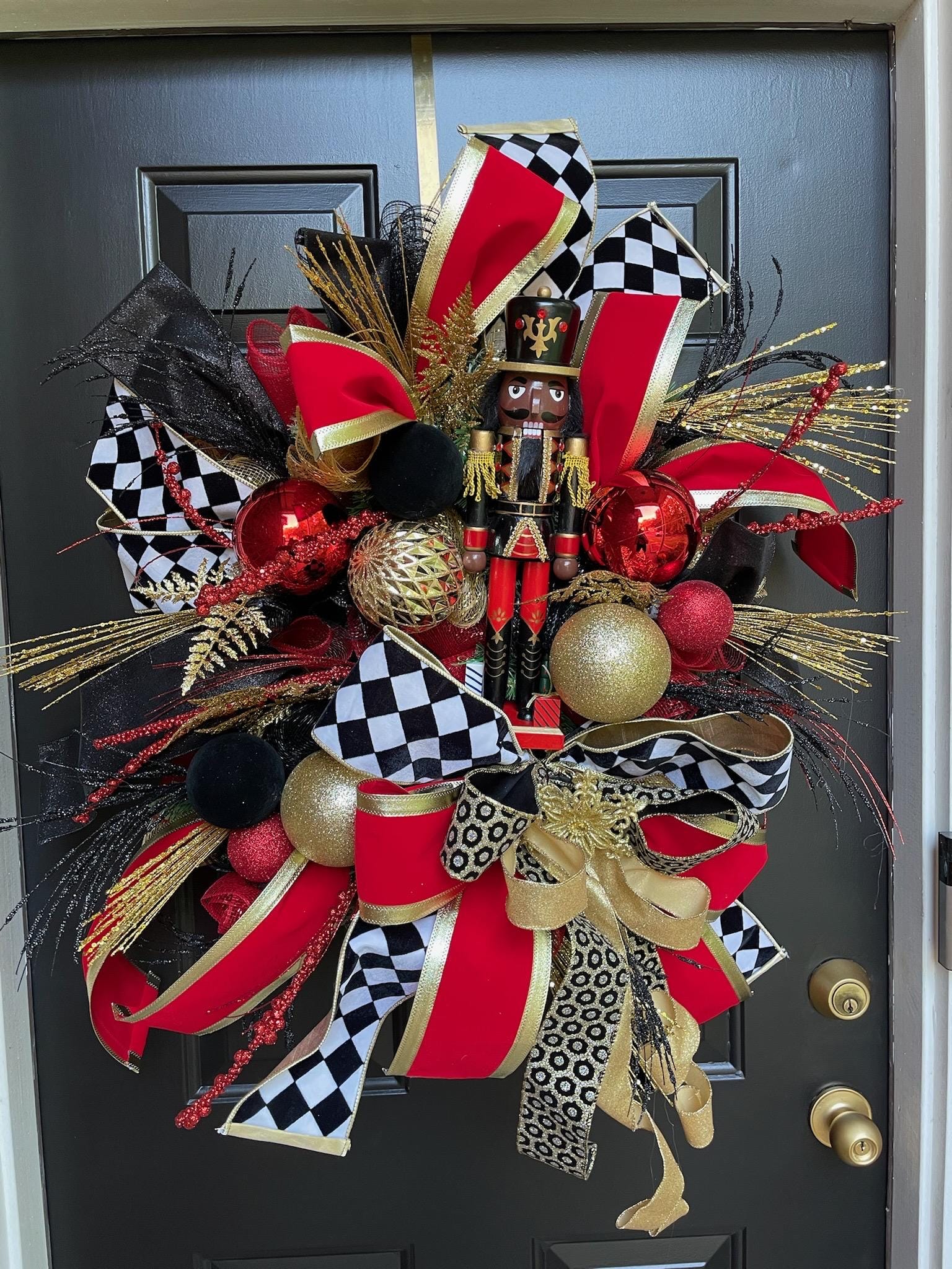 Black/African American Nutcracker Christmas Wreath, Whimsical Holiday, Designer, Red, Gold, Black Decor