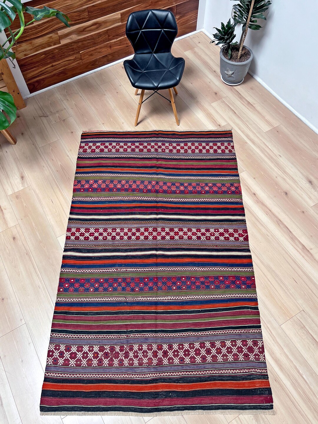 4x6 Ft Unique Turkish Kilim Rug Handwoven Vintage Striped Blue Kilim ...