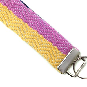 Handwoven Womens Gifts under 30 Pink & Buttercup Key Fob Woven Wristlet Key Strap Vibrant Colorblock Fob Modern Boho Gifts for Her image 1