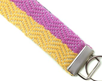 Handwoven Womens Gifts under 30 | Pink & Buttercup Key Fob | Woven Wristlet Key Strap | Vibrant Colorblock Fob | Modern Boho Gifts for Her