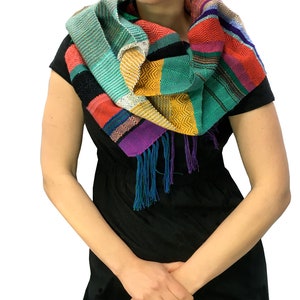 Krista | pidge pidge Rainbow Striped Woven Scarf | Soft & Cozy Handwoven Textile | Modern Weaving Gifts for Her | pidgepidge Accessory | J9