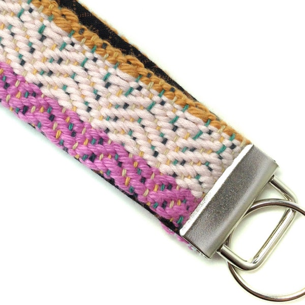 Woven Pink Color Block Key Fob | Modern Handwoven Vegan Keychain | Chevron Wristlet Strap | Budget Friendly Gifts for Her | Boho Present