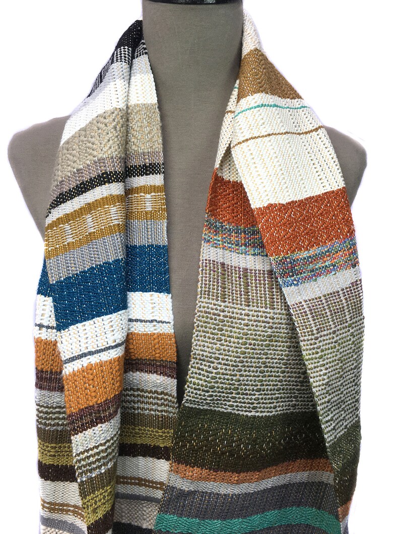 Mina Handwoven Colorful Hazelnut Striped Scarf Unisex Woven Textile Valentine's Gift for Him Wool & Cotton Modern Woven Scarf H77 image 3