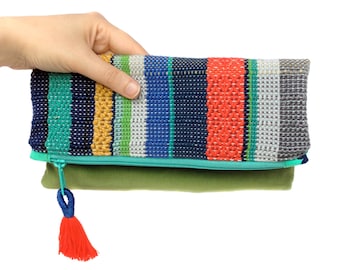 Leigh | Woven Striped Envelope Clutch | Handwoven Modern Striped Purse | Vibrant Women's Fashion Accessories | Woven Fold Over Clutch