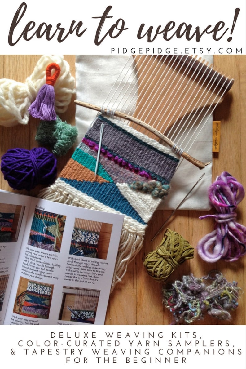 May include: A weaving kit with a partially completed tapestry, yarn, and tools. The tapestry features teal, orange, and purple colors. The text "learn to weave!" is at the top, and the text "DELUXE WEAVING KITS" is at the bottom.