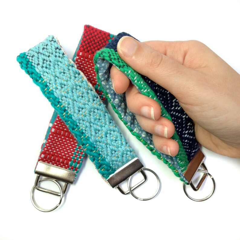 Modern Woven Gifts for Her Handwoven Cape Cod Keychain Gift Set of 3 Gift Trio of Woven Key Fobs Colorful Textile Wristlet Bundle afbeelding 1