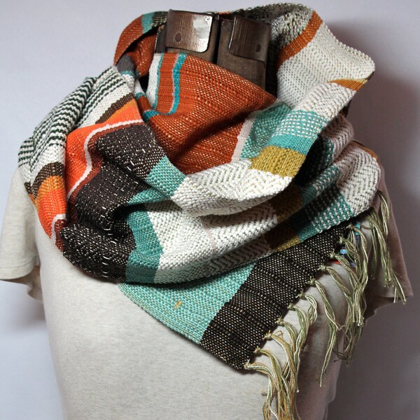 Noah // Handwoven Southwest Fashion // Woven Scarf in Pumpkin & Emerald // Unisex Fashion Accessory