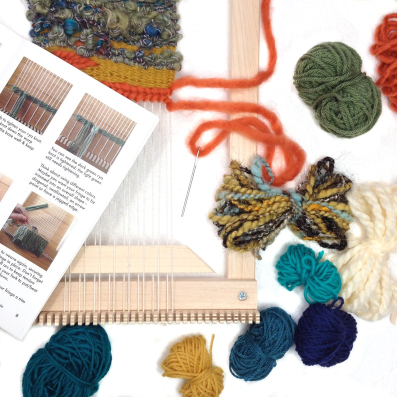 May include: A craft weaving kit with a wooden loom, yarn in various colors, a needle, and instructions. The yarn colors include teal, yellow, green, orange, and cream. A partially woven textile is also visible.