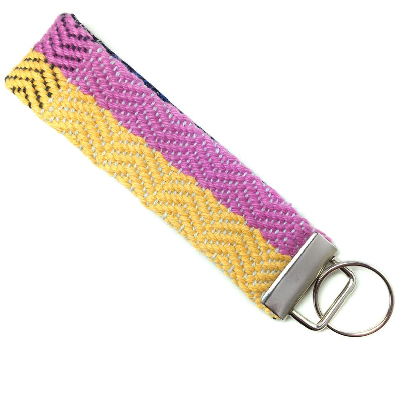 Handwoven Womens Gifts under 30 Pink & Buttercup Key Fob Woven Wristlet Key Strap Vibrant Colorblock Fob Modern Boho Gifts for Her image 1