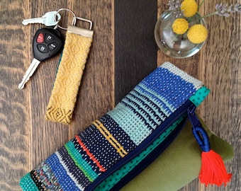 Woven Diamond Yellow Keychain | Handwoven Luxe Gifts for Her | Wool Fibers Key Fob | Modern Boho Textiles | Woven Bird's Eye Bracelet Strap