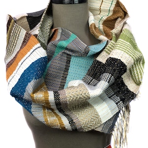 Mina Handwoven Colorful Hazelnut Striped Scarf Unisex Woven Textile Valentine's Gift for Him Wool & Cotton Modern Woven Scarf H77 image 1