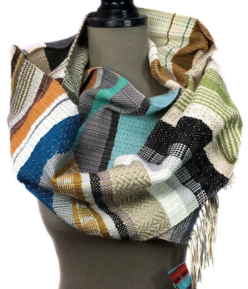 Mina Handwoven Colorful Hazelnut Striped Scarf Unisex Woven Textile Valentine's Gift for Him Wool & Cotton Modern Woven Scarf H77 image 1