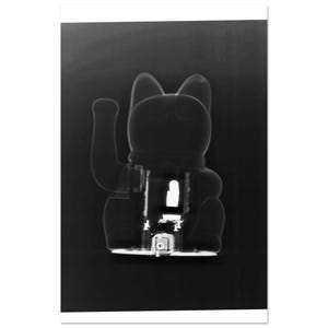 Könnte beinhalten: Ein Schwarzweiß-Röntgenbild einer Glückskatzenfigur aus Keramik. Die Katze sitzt mit der linken Pfote erhoben in einer winkenden Geste. Die Figur hat einen Münzeinschub auf der Rückseite.