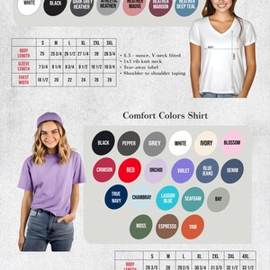 The image is a color and size chart for a woman's v-neck shirt, including a color chart with various color options and corresponding sizes, as well as a size chart with measurements for different body types.