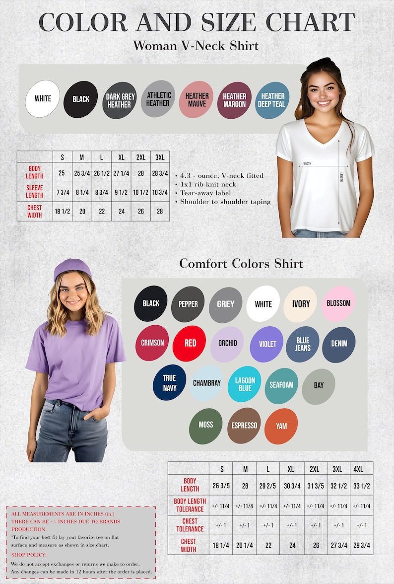 The image is a color and size chart for a woman's v-neck shirt, including a color chart with various color options and corresponding sizes, as well as a size chart with measurements for different body types.