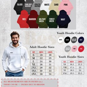 The image is a color and size chart for adult hoodie colors and sizes, featuring a man wearing a white hoodie and various colored hoodies. The chart provides measurements and descriptions for different adult hoodie colors and sizes, as well as youth hoodie colors and sizes.
