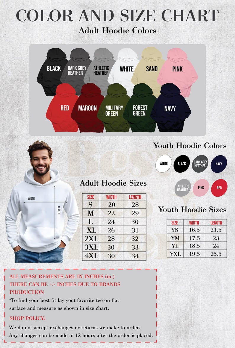 The image is a color and size chart for adult hoodie colors and sizes, featuring a man wearing a white hoodie and various colored hoodies. The chart provides measurements and descriptions for different adult hoodie colors and sizes, as well as youth hoodie colors and sizes.